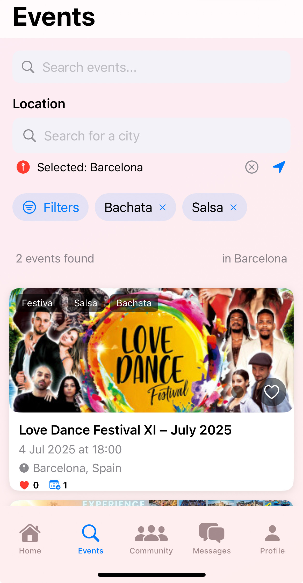 Events Search Screenshot