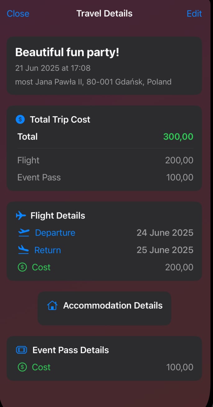 Travel Details Screenshot